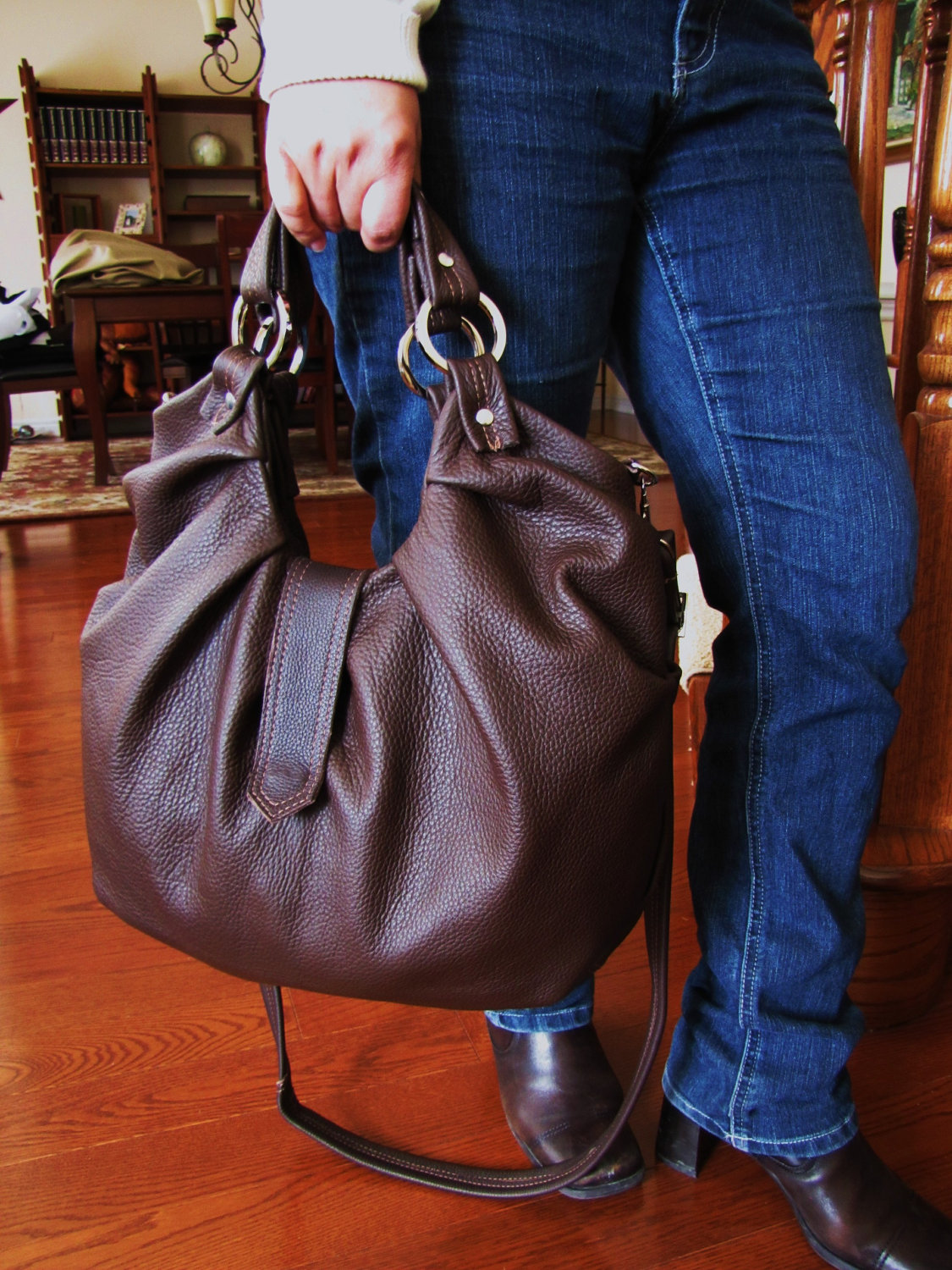 Dark Brown Leather Satchel, Large Pleated Bag, Convertible Messenger, Backpack Purse, Shoulder ...