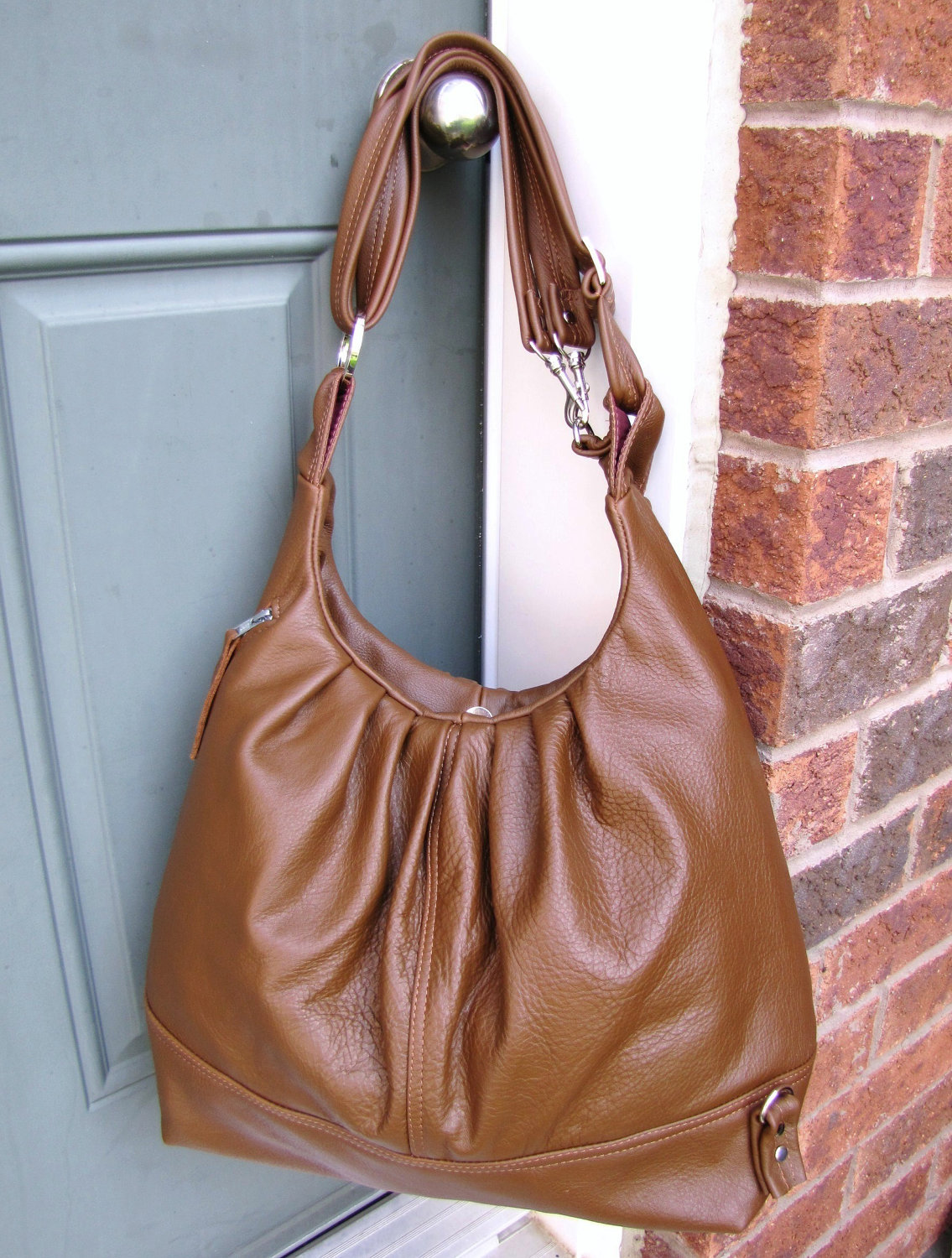 Large Tan Leather Convertible Backpack Messenger Tote Bag Oak Tan on