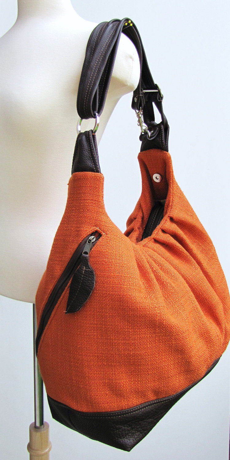 Extra Large Orange Canvas Convertible Backpack, Messenger, Tote, Diaper Bag With Leather Straps ...