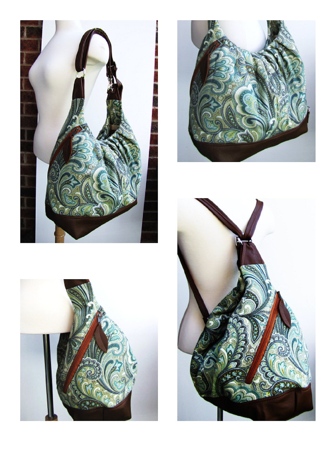 Green Paisley Canvas Bag, Extra Large 3 Ways Convertible Tote W/ Leather Straps, Base, Zipper ...