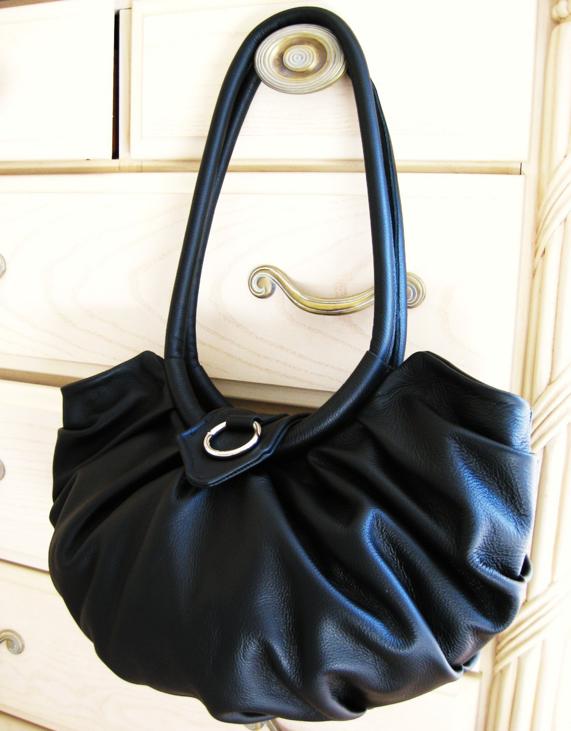 Leather shoulder bag purse, large black pleated Lotus purse, hobo bag ...