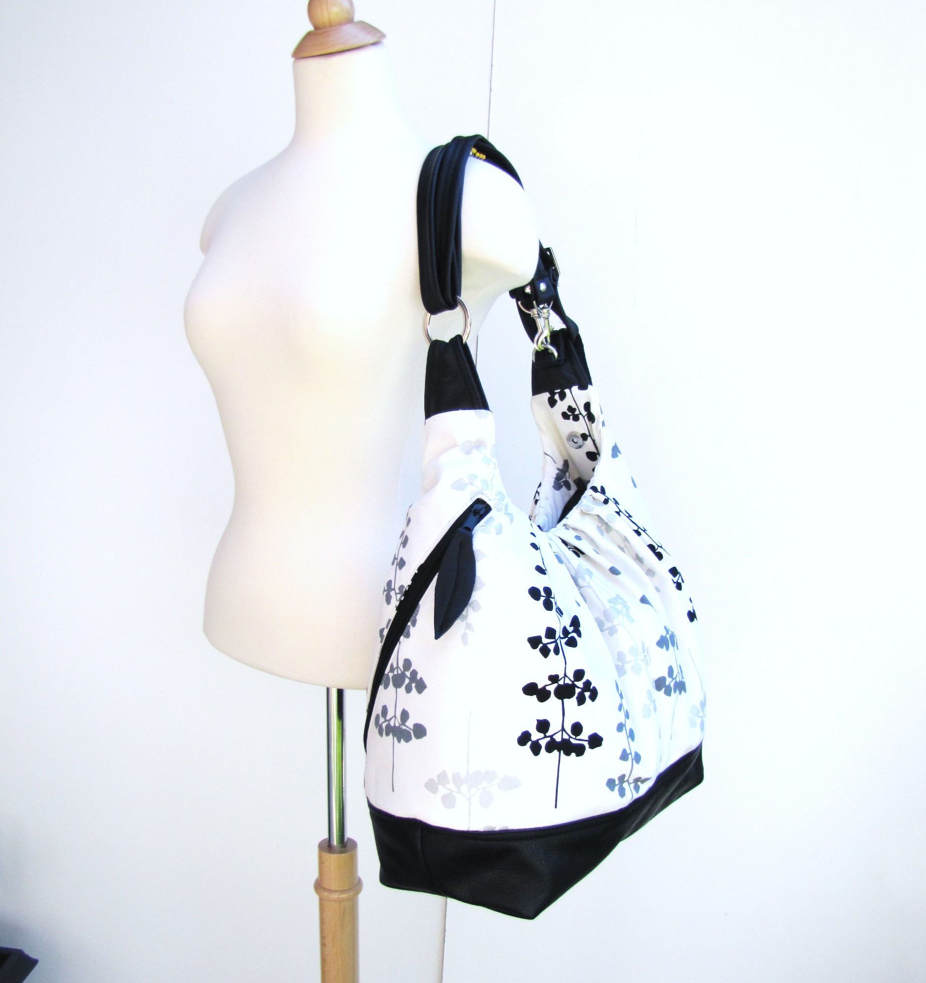Extra Large White/black Floating Petals Prints Canvas With Black Leather Tote Bag, Convertible ...